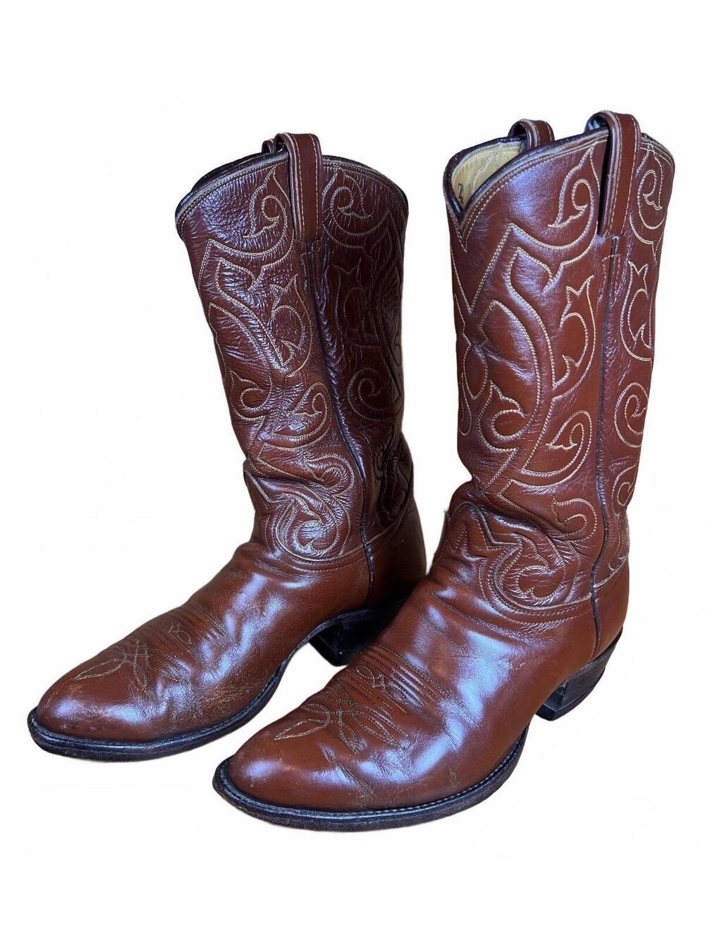 Vtg Tony Lama Brown Leather Western Cowboy Boots Embroidered Detailing Size 9D